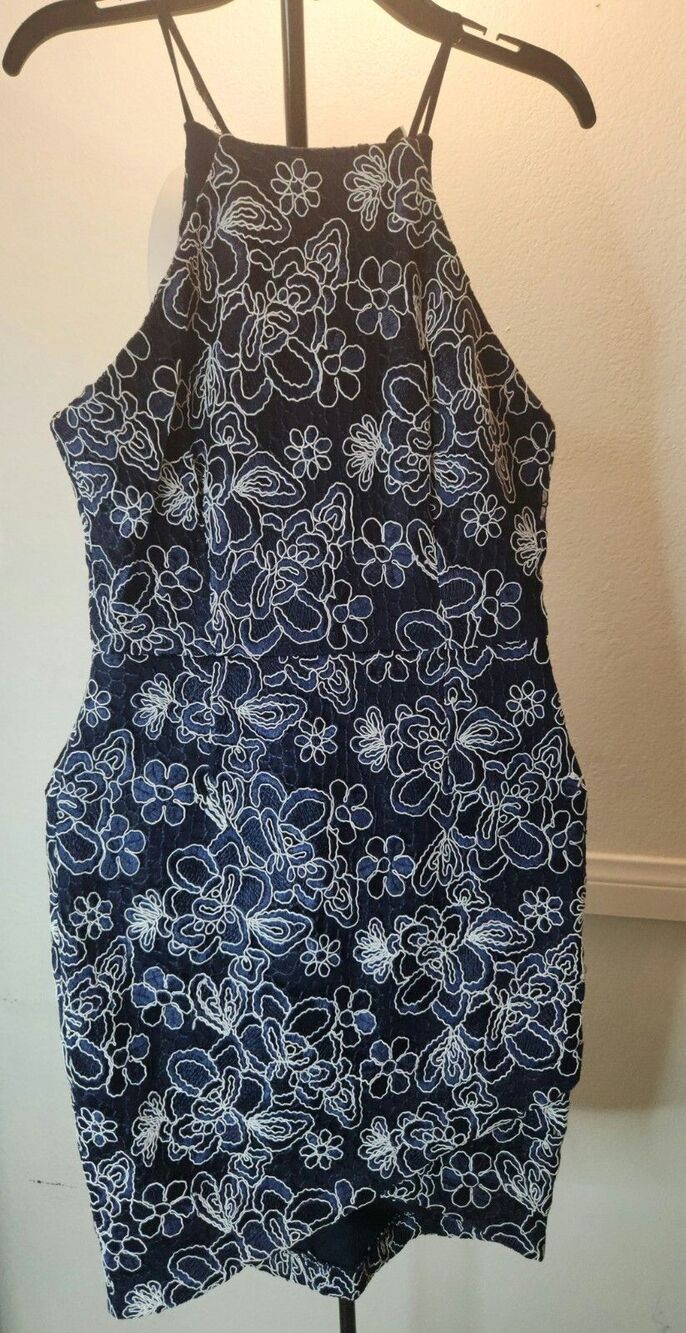 Mystic Women dress dark blue with with flowers embroidereb Cocktail Dress size M